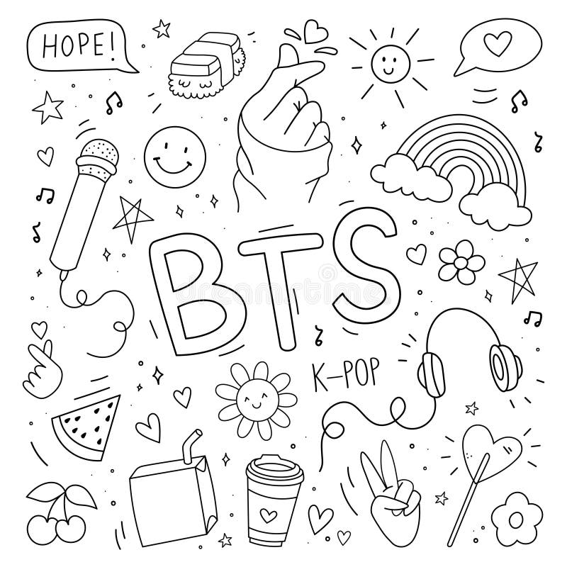 K-pop set. Symbols from the popular Korean music trend. BTS music. I love K-POP sticker. Collection doodles vector illustration