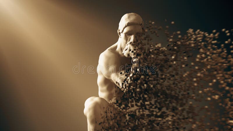 4K. Sculpture Thinker Desintegrated Into 3D Pixels.