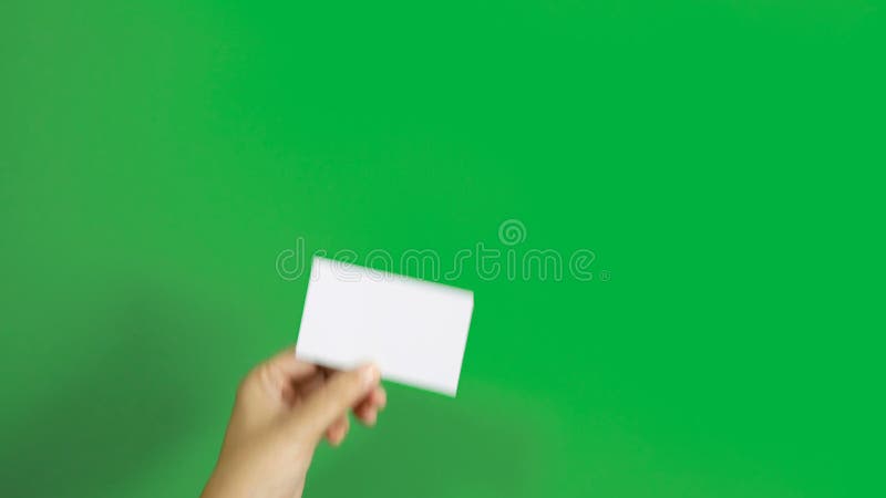 4K. set of woman hand showing blank white business name card paper in 3 different actions isolated on chroma key green screen