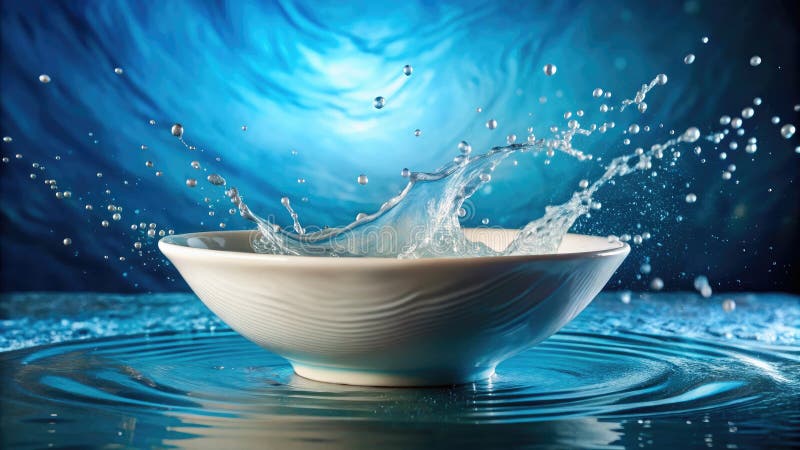 8K Surreal Ceramic Basin Etheral Blue Swirls och Cascading Water Flow in a Dreamlike still Life royaltyfri illustrationer