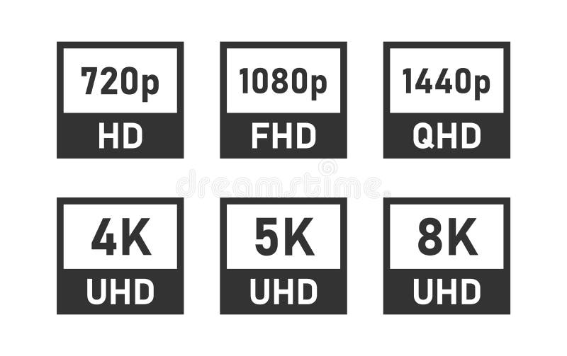 Resolução de vídeo ilustração vetorial alta definição ultra hd quad player  em tela cheia assistir filme 4k 2k 1080p 720p conceito de tecnologia ícone  de linha vetorial para negócios e publicidade