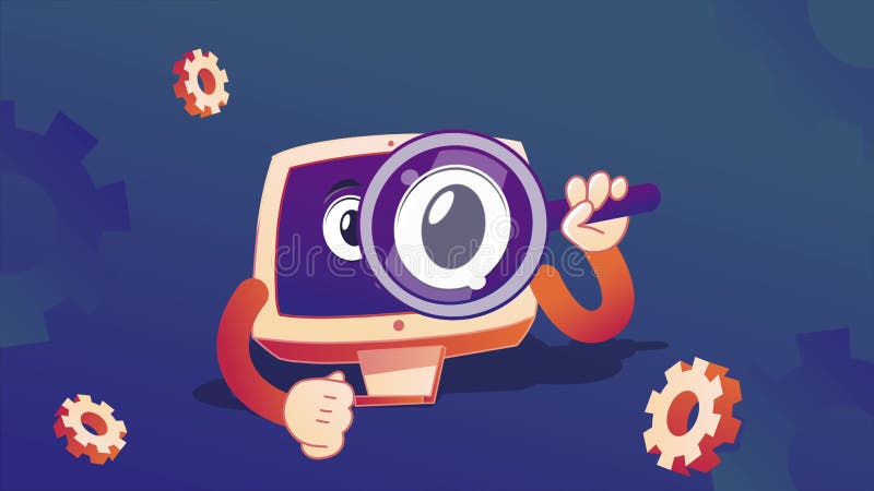 4k video cartoon of computer monitor screen with magnifying glass. vector illustration