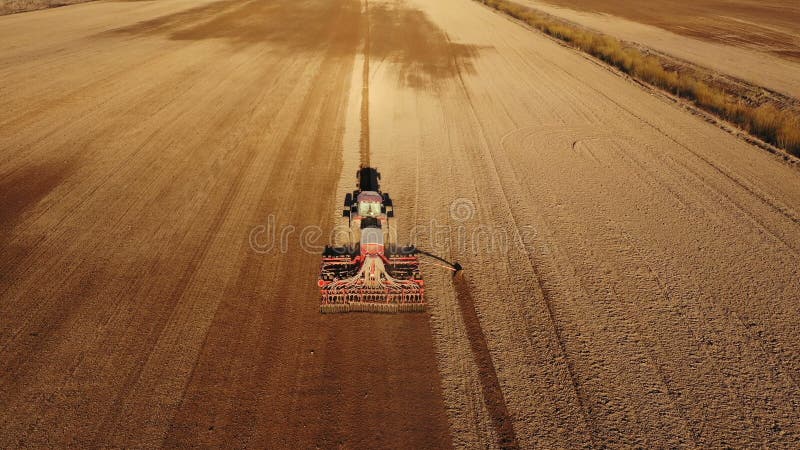 4K Vista aerea del processo di agricoltura: il trattore ara e fa la semina, seminante i raccolti agricoli al campo