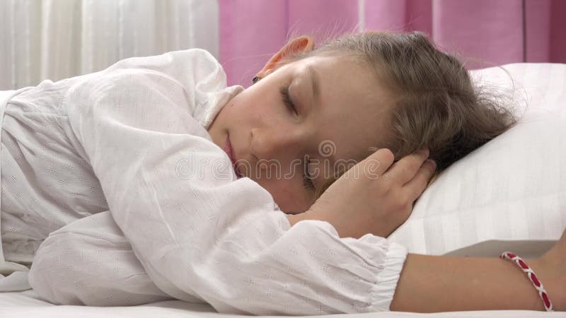 4K Wake Up Child Portrait Fall Asleep in Bed, Sleeping Little Girl Face, Bedroom