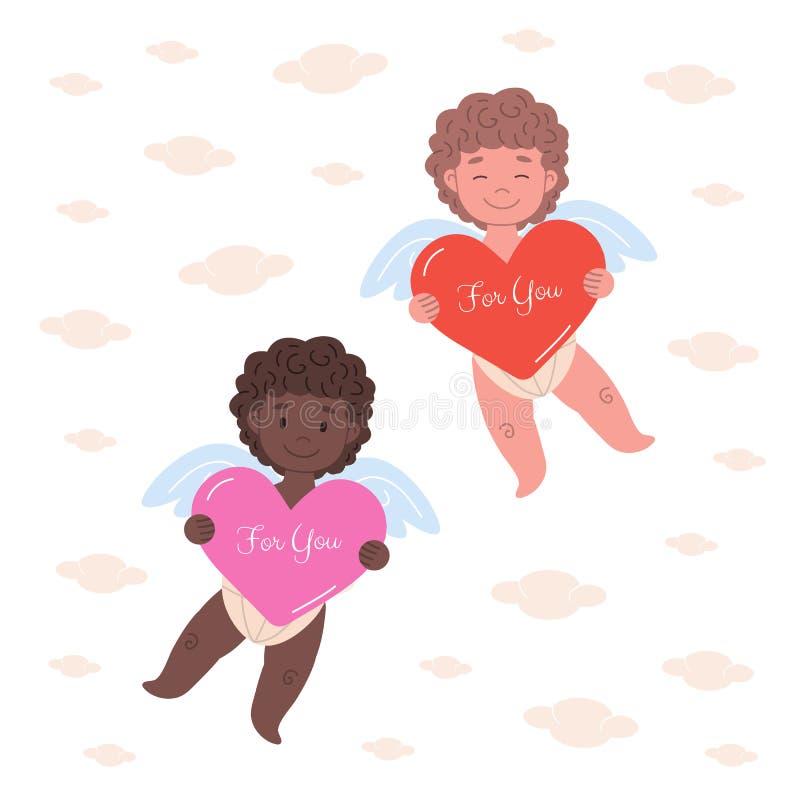Kaart met twee cupido's met grote harten vector illustratie Kaart met twee cupido's met grote harten vector illustratie