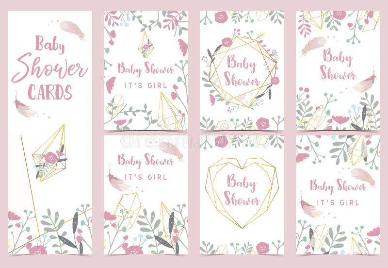 Kaart van de de doucheuitnodiging van de meetkunde de roze gouden baby met roze, blad, dreamcatcher, kroon, hart vector illustratie Kaart van de de doucheuitnodiging van de meetkunde de roze gouden baby met roze, blad, dreamcatcher, kroon, hart vector illustratie