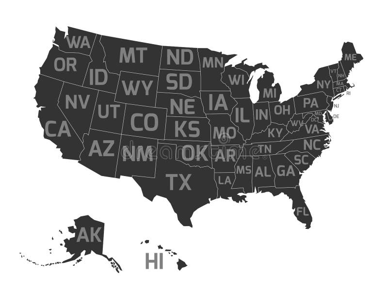 Kaart van de V.S. met de afkortingen van de staat