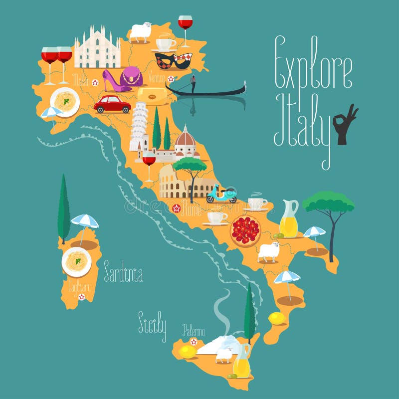 Kaart van de vectorillustratie van Italië, ontwerp Pictogrammen met Italiaanse oriëntatiepunten stock illustratie Kaart van de vectorillustratie van Italië, ontwerp Pictogrammen met Italiaanse oriëntatiepunten stock illustratie