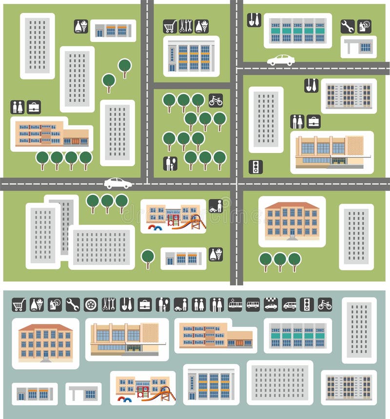 On the map of the district shows houses, shops, shopping centers, schools, educational institutions, kindergartens, gas stations, office buildings, parks, streets, intersections, cars and minimalistic icons with the image, all of the above. On the map of the district shows houses, shops, shopping centers, schools, educational institutions, kindergartens, gas stations, office buildings, parks, streets, intersections, cars and minimalistic icons with the image, all of the above.