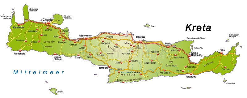 Kaart van Kreta met wegen stock illustratie. Illustration of eiland