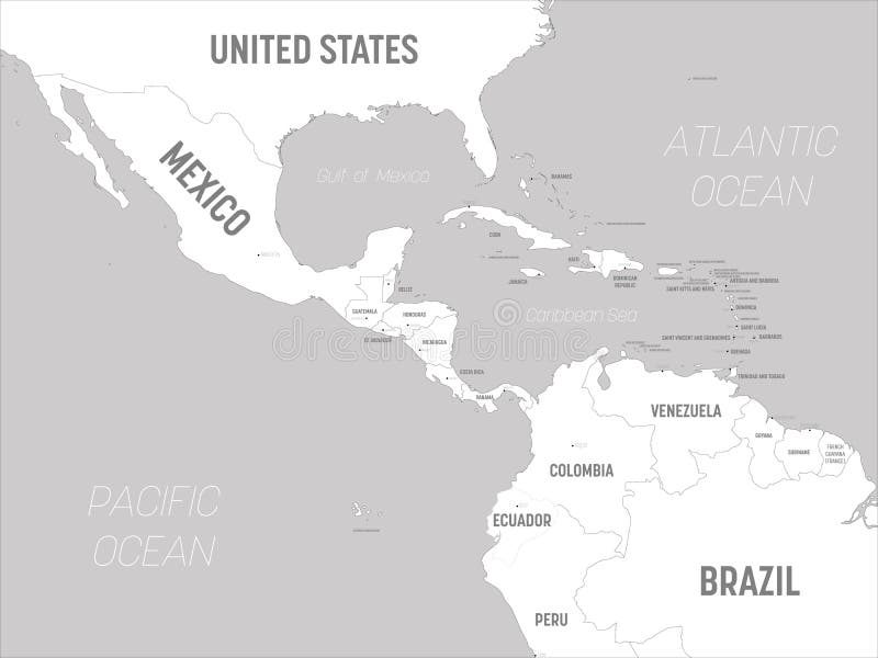 Kaart voor Midden-Amerika - witte grond en grijs water Gedetailleerde politieke kaart voor Midden-Amerika en het Caribisch gebied