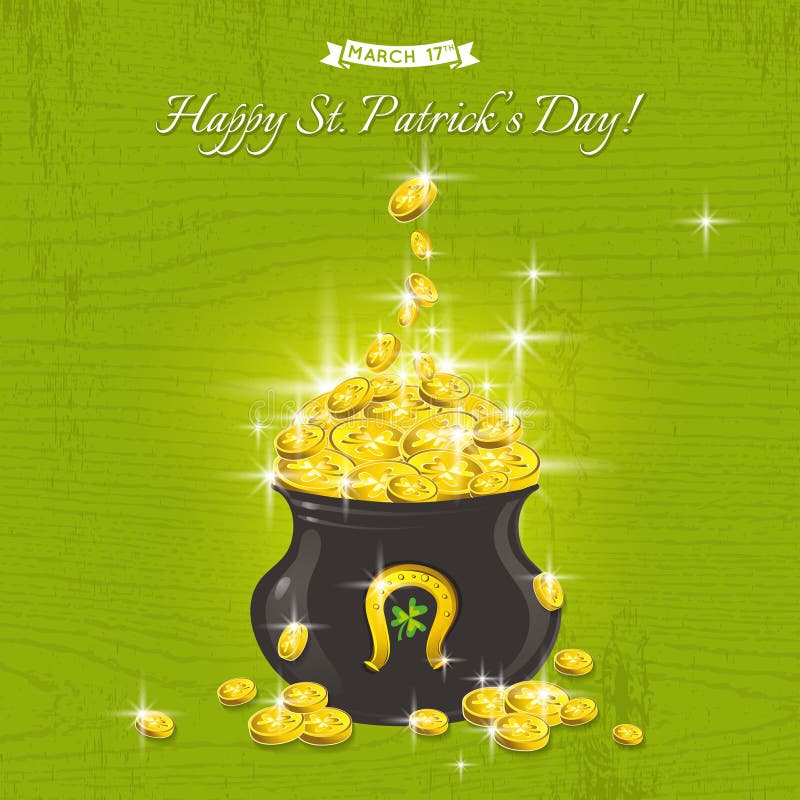 Kaart voor St Patricks Dag met tekst en pot met gouden muntstukken royalty-vrije illustratie Kaart voor St Patricks Dag met tekst en pot met gouden muntstukken royalty-vrije illustratie