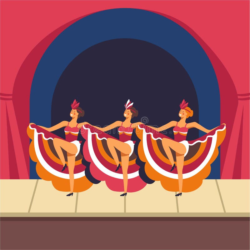 Cabaret girls dancing cancan on stage. Vector women dancers in musical show performance in retro dress costumes and feather headwear. Cabaret girls dancing cancan on stage. Vector women dancers in musical show performance in retro dress costumes and feather headwear