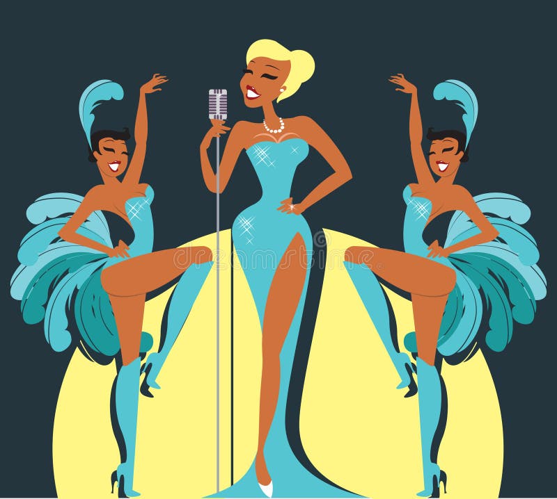 Cabaret singer on a stage with showgirls. Cabaret singer on a stage with showgirls