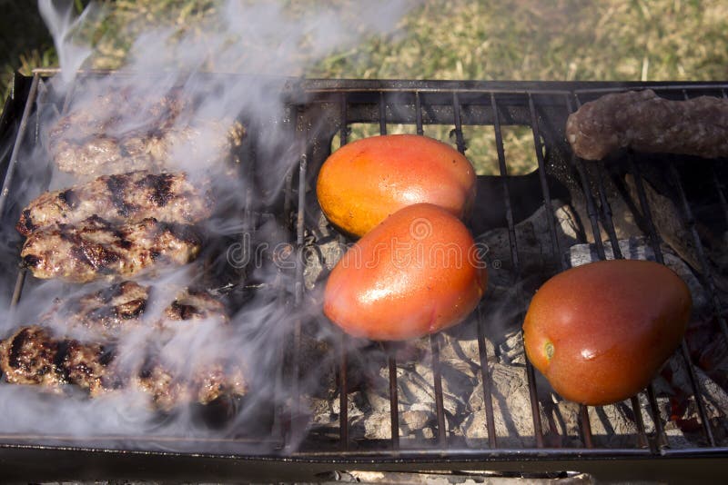 Kabobs and Tomatoes on a Charcoal Grill Stock Photo Image of lamb