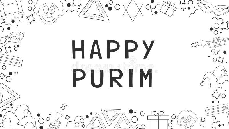 Kader met pictogrammen van de het ontwerp zwarte dunne lijn van de purimvakantie de vlakke met vector illustratie Kader met pictogrammen van de het ontwerp zwarte dunne lijn van de purimvakantie de vlakke met vector illustratie