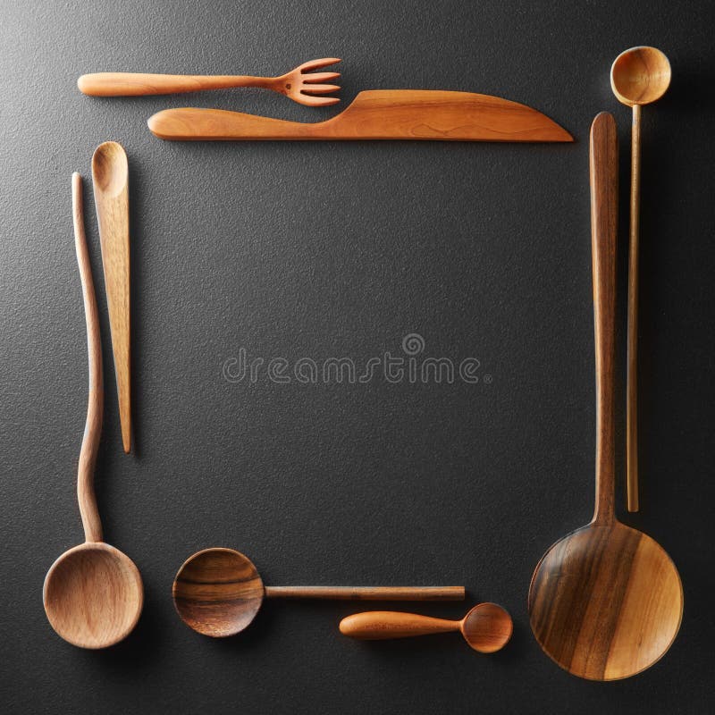 Kader van houten lepels, vorken en een mes stock afbeeldingen Kader van houten lepels, vorken en een mes stock afbeeldingen