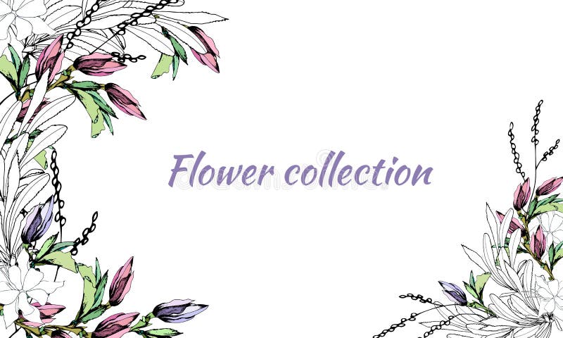 Kader voor tekst met de lentebloemen Reeks hand-drawn multicolored en contourkleuren Vector illustratie stock illustratie Kader voor tekst met de lentebloemen Reeks hand-drawn multicolored en contourkleuren Vector illustratie stock illustratie