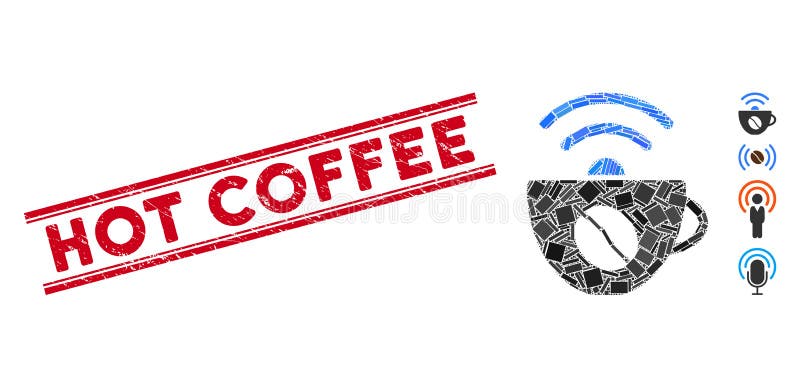 Kaffe-Wifi-källmosaik och späckat varmt kaffe-vattenmärke med linjer stock illustrationer