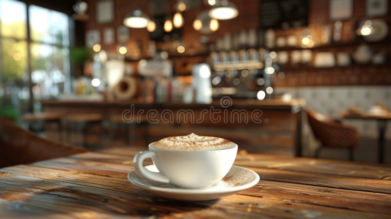 Kaffebrygge. En förslutning av en kopp latte på ett träbord i en kafé
