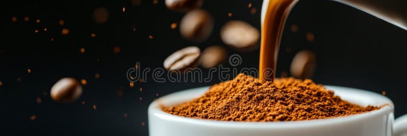 Kaffebönor som väller in i en kopp malet kaffe som representerar framställningen av kaffe, symbolen för energimorgon stock illustrationer