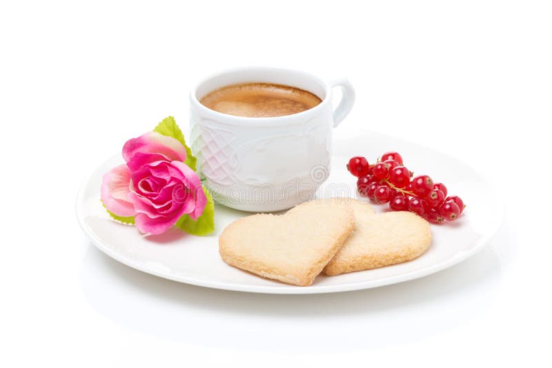 Kaffee, Herz- und Blumenförmige Kekse Valentinstag lizenzfreie stockfotografie