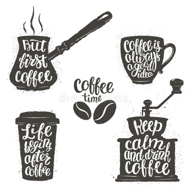 Kaffeebeschriftung in der Schale, Schleifer, Topf formt Moderne Kalligraphiezitate über Kaffee