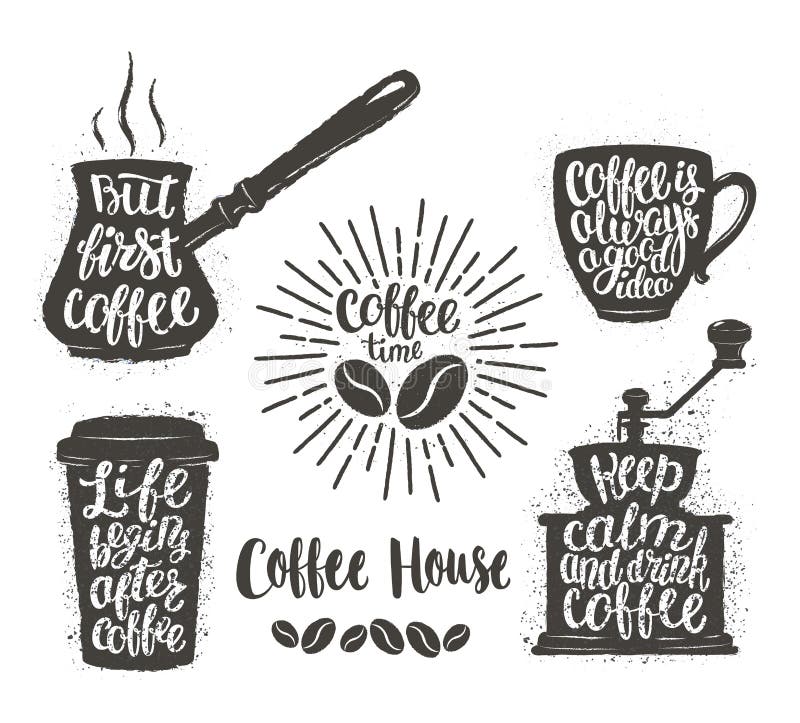 Kaffeebeschriftung in der Schale, Schleifer, Topf formt Moderne Kalligraphiezitate über Kaffee Weinlesekaffeegegenstände eingeste