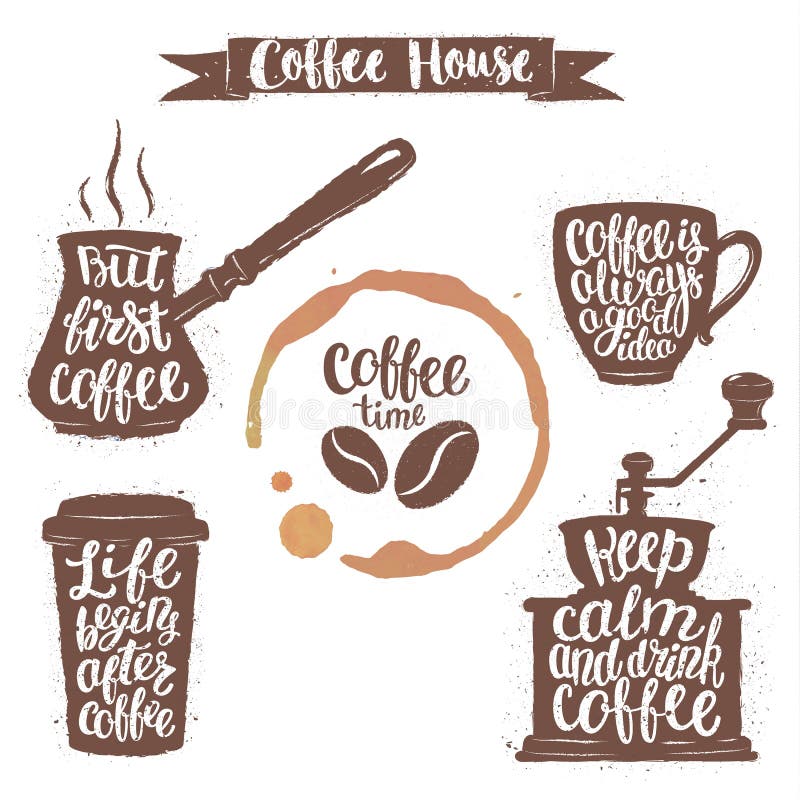 Kaffeebeschriftung in der Schale, Schleifer, Topfformen und Schale beflecken Moderne Kalligraphiezitate über Kaffee