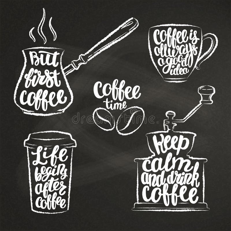 Kaffeebeschriftung in der Schale, Schleifer, Topfkreide formt Moderne Kalligraphiezitate über Kaffee