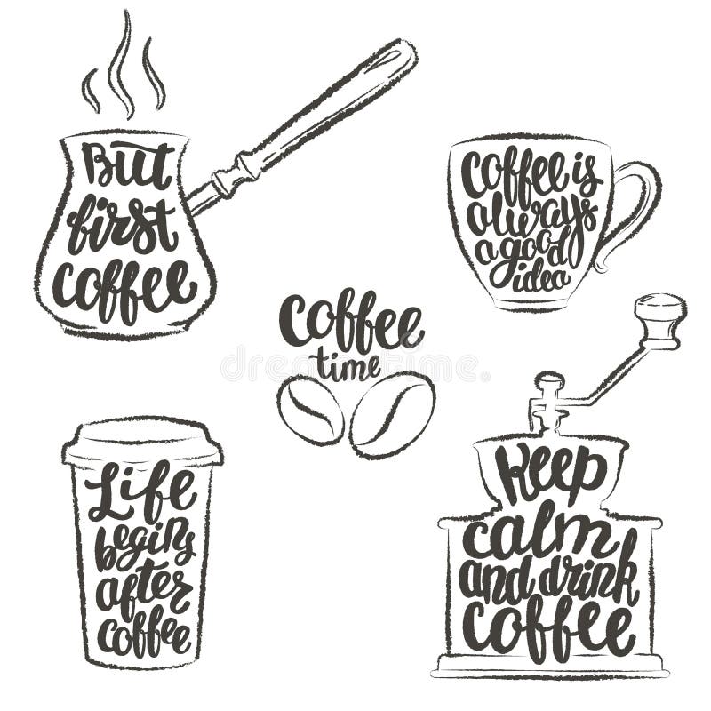 Kaffeebeschriftung in der Schale, Schleifer, Topfschmutzkonturen Moderne Kalligraphiezitate über Kaffee