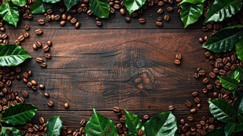 Kaffeeblätter und -bohnen auf einem rustikalen Holztisch lizenzfreie abbildung
