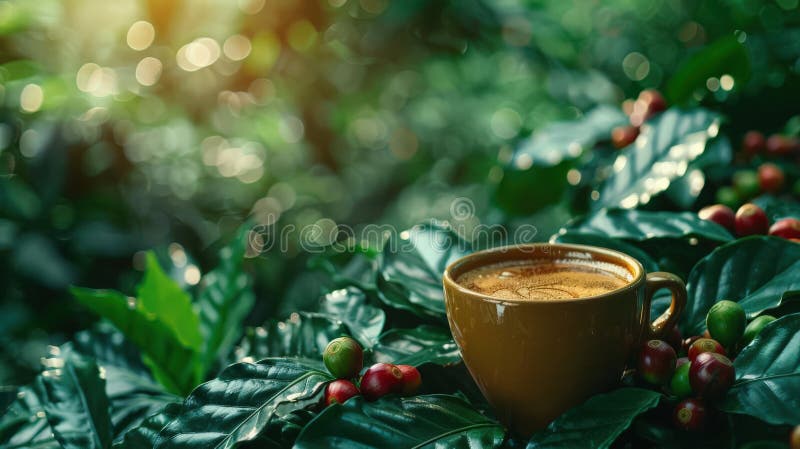 Kaffeeblätter und eine Tasse frisch gebrühten Kaffee aus Pflanze zu Tasse Konzept stock abbildung