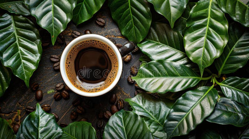 Kaffeeblätter und eine Tasse frisch gebrühten Kaffee aus Pflanze zu Tasse Konzept stock abbildung