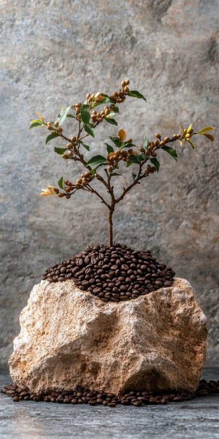 Kaffeebohnen auf einem Felsen mit Kaffeepflanze lizenzfreie abbildung