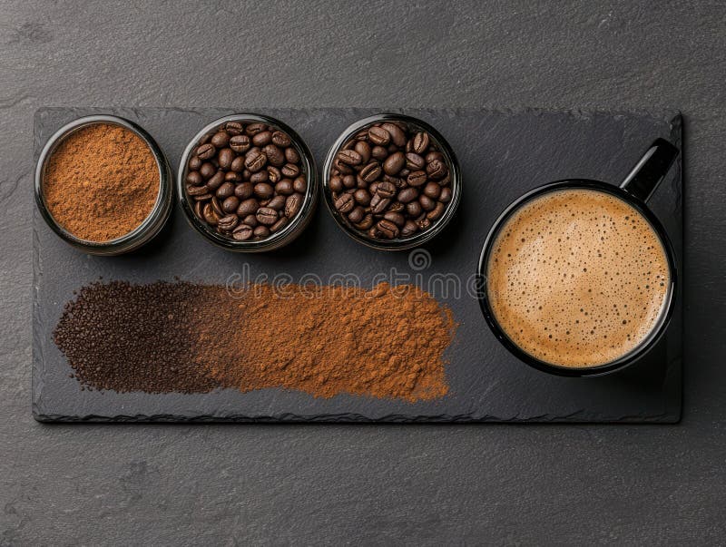Kaffeebohnen und Boden mit einer Tasse Kaffee auf dunklem Hintergrund vektor abbildung