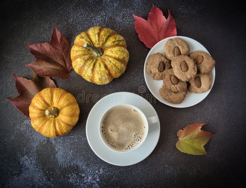 Kaffeekekse und kleine Kürbis stockfotos
