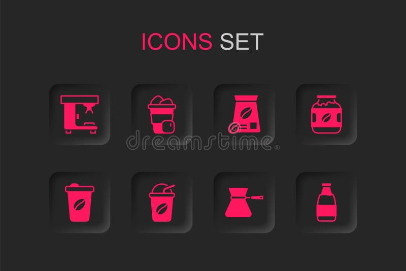 Set Iced coffee Coffee machine turk jar bottle Milk Bag beans and cup to go icon. Vector. Set Iced coffee Coffee machine turk jar bottle Milk Bag beans and cup to go icon. Vector.