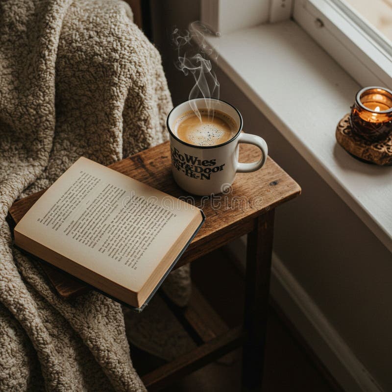 Kaffeemaschine in weißem Krug sitzt neben einem offenen Buch auf einem Holzhocker. Gemütlich lizenzfreie abbildung
