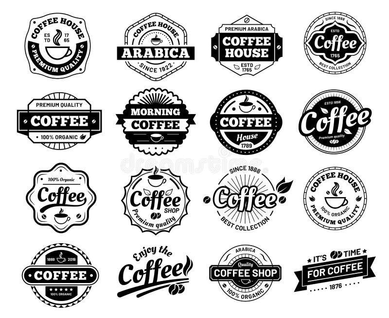 Kaffeemblem Klistermärke för kafélogostämpel Restauranglogotyp Isolerad illustration för tappninglogotyp vektor stock illustrationer