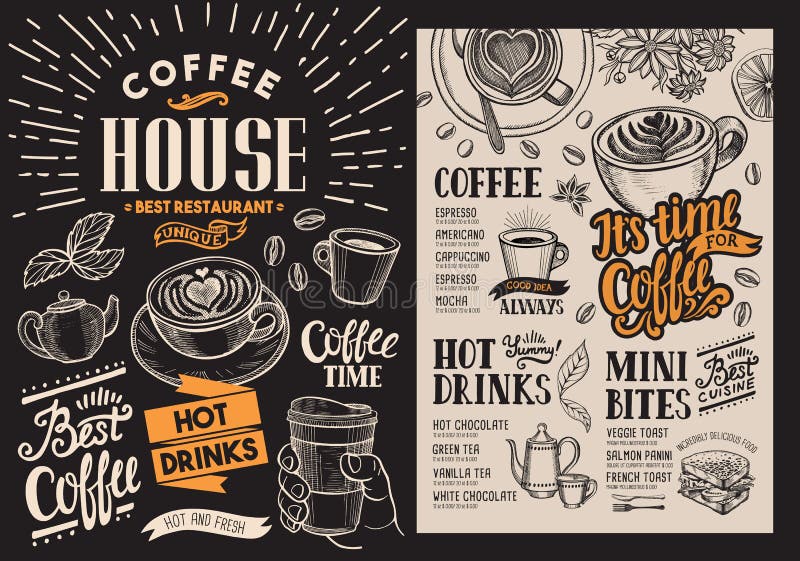 Coffee restaurant menu. Vector beverage flyer for bar and cafe. Blackboard design template with vintage hand-drawn food illustrations. Coffee restaurant menu. Vector beverage flyer for bar and cafe. Blackboard design template with vintage hand-drawn food illustrations.