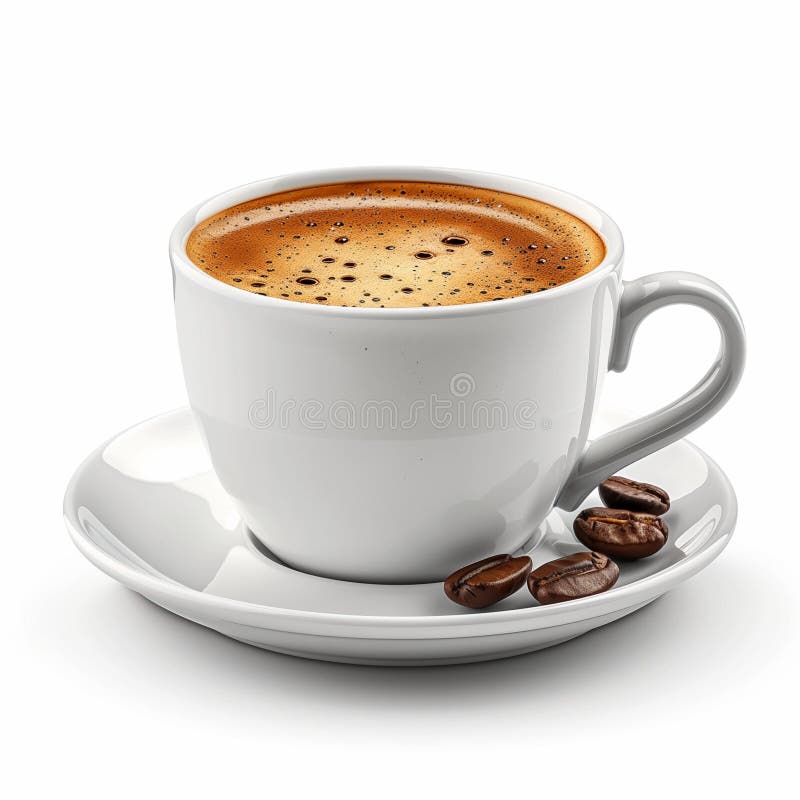 A white coffee cup sits on a saucer with scattered coffee beans, set against a transparent white background. The cup is filled with dark liquid, and the beans add to the coffee aesthetic. A white coffee cup sits on a saucer with scattered coffee beans, set against a transparent white background. The cup is filled with dark liquid, and the beans add to the coffee aesthetic.