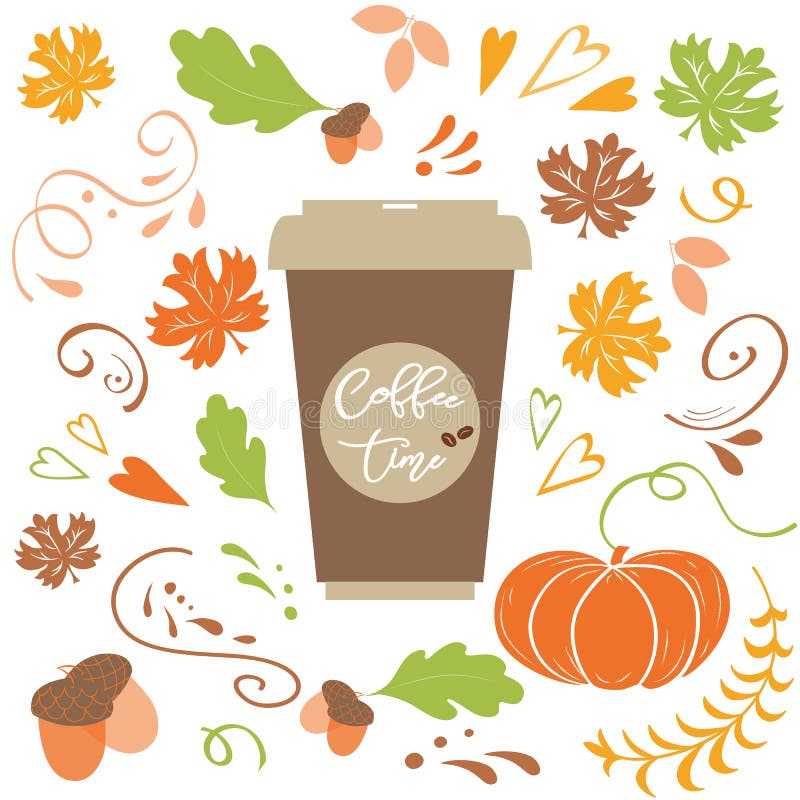 Kaffeezeit-Beschriftungstext auf Fallhintergrund mit Herbstlaub, Kürbiseichelvektor lizenzfreie abbildung Kaffeezeit-Beschriftungstext auf Fallhintergrund mit Herbstlaub, Kürbiseichelvektor lizenzfreie abbildung