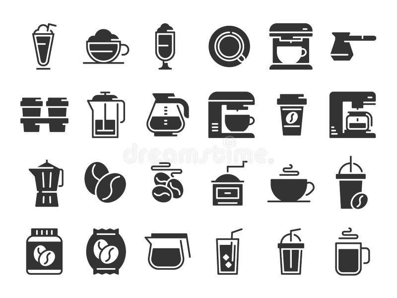 Kaffekontursymboler Varm drinkkopp, kaffemaskin och uppsättning för bönavektorpictograms stock illustrationer Kaffekontursymboler Varm drinkkopp, kaffemaskin och uppsättning för bönavektorpictograms stock illustrationer