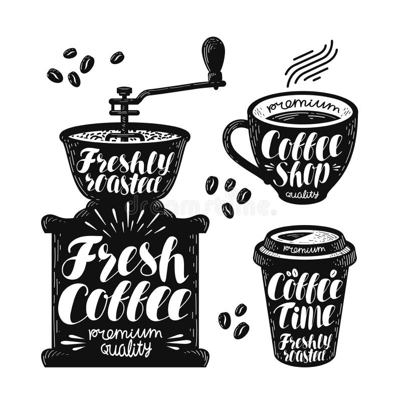 Kaffekvarn espressoetikettuppsättning Kafé, varm drink, koppsymbol eller logo Handskriven bokstävervektorillustration stock illustrationer