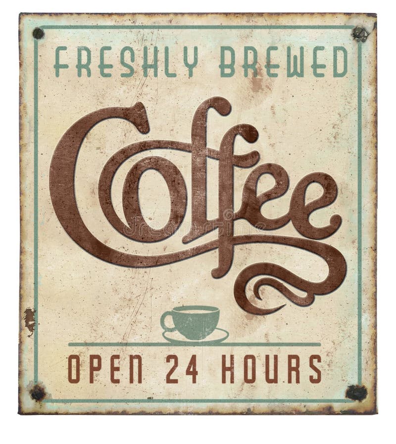Kaffeteckentappning på Tin Embossed Open 24 timmar arkivbild