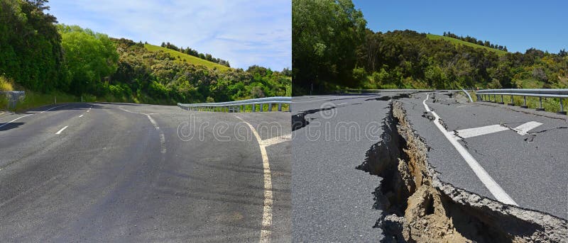 Kaikoura Earthquake Damage at the top of the Hunderlee Hills has been fully repaired. Photos shows before and one year, one month & one day after the devastating 7.8 Earthquake. Kaikoura Earthquake Damage at the top of the Hunderlee Hills has been fully repaired. Photos shows before and one year, one month & one day after the devastating 7.8 Earthquake.