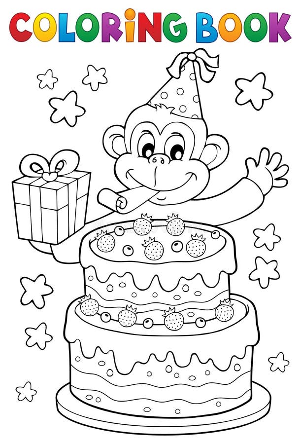 Kaka för färgläggningbok och partiapa royaltyfri illustrationer