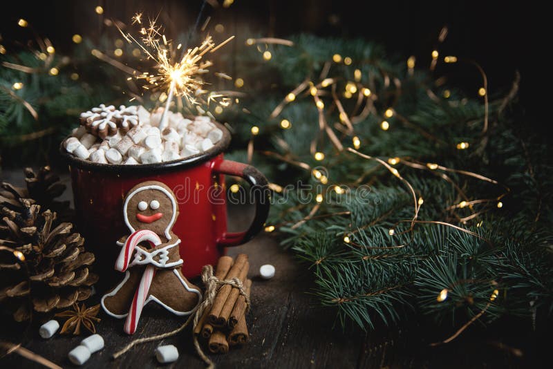 Kakao eller varm choklad med marshmallowen på den lantliga tabellen Jul eller sammansättning för nytt år Pepparkakaman med godisr arkivbilder