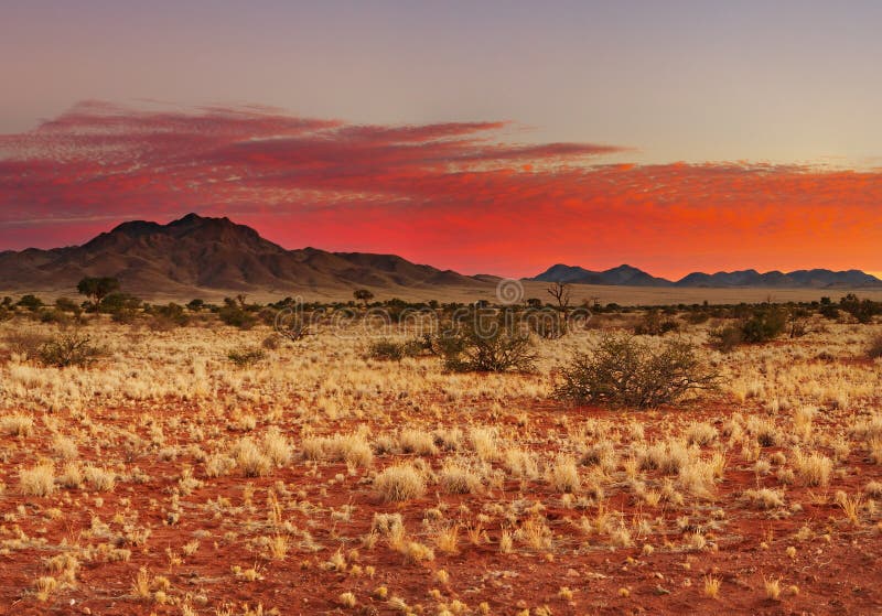 Colorful sunset in Kalahari Desert, Namibia